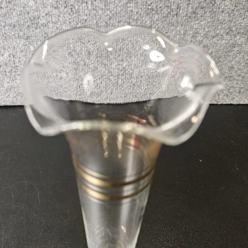 Mid Century MCM Glass Bud Vase Gold Painted Trim Ruffle Edge 10‎ Inch